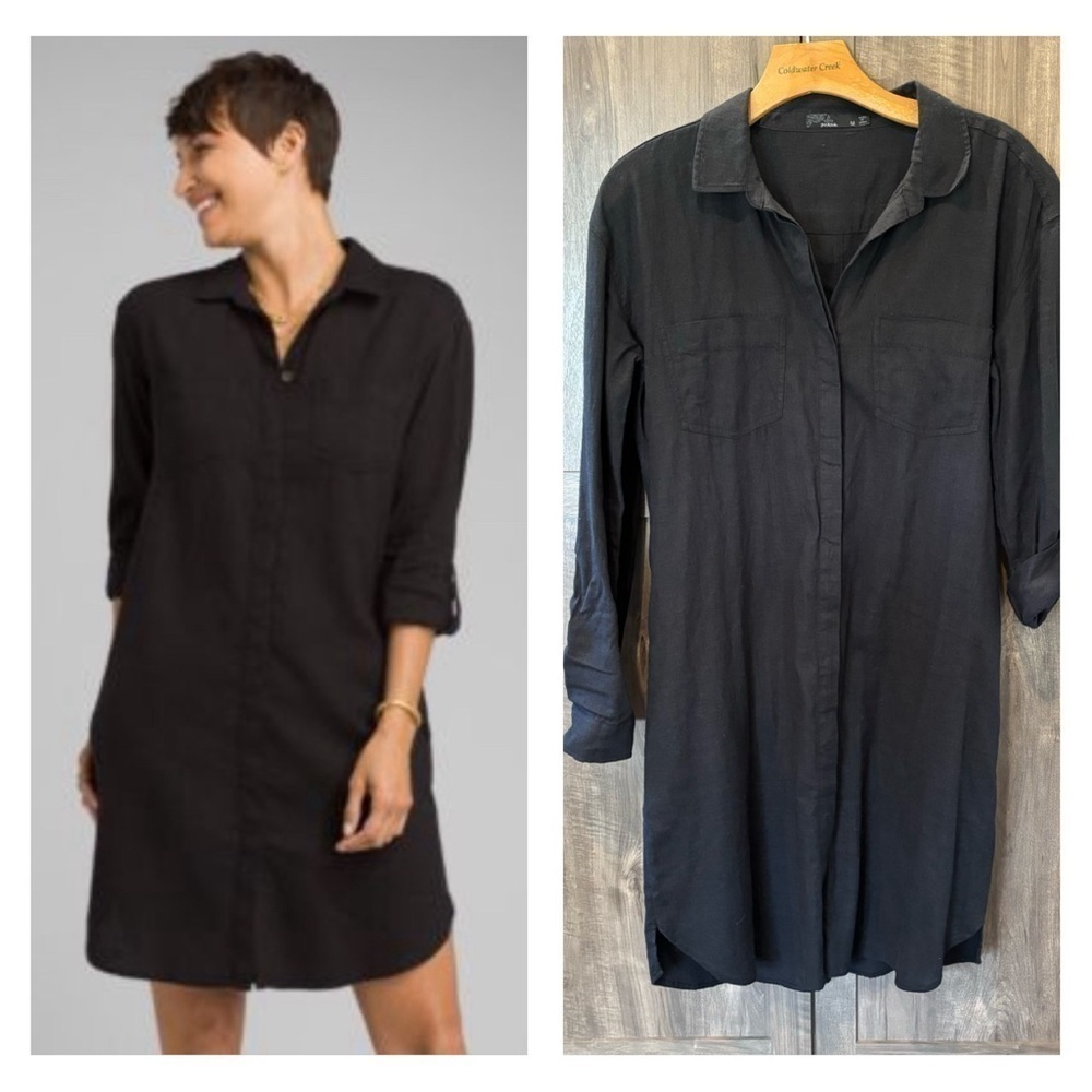 PRANA Medium Shirt Dress La Noa Long‎ Roll Tab Sleeve Button Black Hemp Blend